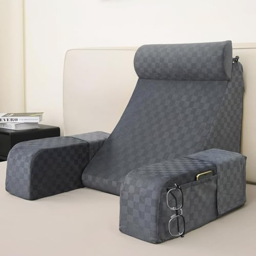 Vekkia 19 Lesekissen für Bett und Sofa, Lesekissen für Erwachsene | Rückenlehne, Armlehnen, Großen Taschen, Ideal zum Entspannen, Fernsehen, Stillen, zur Erholung und zum Spielen, Schwarz Grau