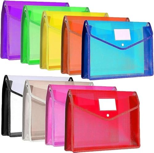 9 Pièces A4 Classeur en Plastique, Pochette Document A4 Enveloppe Transparente, Chemise à Bouton Pression pour Fournitures Bureaux Voyage