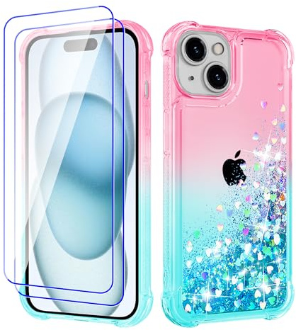 Pilaru Lovely for iPhone 15 Case[2 Screen Protector] Clear Liquid Heart Glitter Soft TPU Cover Transparent Girly Shockproof Protective Phone Case for iPhone 15,Rose-Green