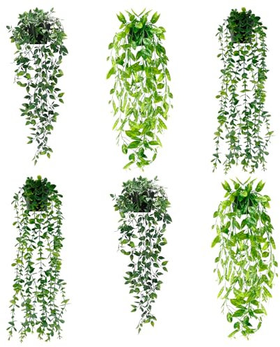 OT-NVWOZR 6 Stück Künstliche Hängepflanzen Eukalyptus Blätter mit Töpfen, 68cm Lang Wartungsfreie Künstliche Pflanzen Kunstpflanze Hängend Deko für Hausgarten Indoor Outdoor Decor