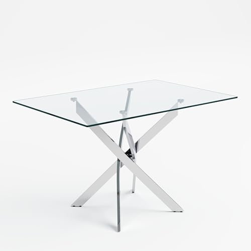 GOLDFAN Table en Verre Salle à Manger Argenté Moderne - Transparente Verre Trempé avec Base en X - Bureau 110cm (Argentée, Rectangulaire)