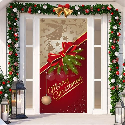 Surwin Forro Puerta Navidad, Roja Adornos Navidad Decoración de Cubierta de Puerta de Navidad, Decoracion Navidad Entrada Exterior Interior Casa, Pancarta de Navidad para Navidad (90x200cm,Rojo 5)