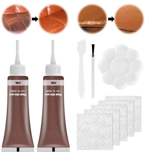 QEEROYO Leder Reparatur Set, Kunstleder Reparaturset, Lederreparatur Creme, 2×20ml Leder Kratzer Entferner, Reparatur Set für Autositze,Sofas, Lederjacke,Schuhe,Gürtel Kratzer,Löcher, Kaffeefarbe