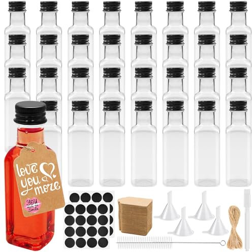 Mispudin 32 Pack Mini Alcohol Bottles 50ml, Square Plastic Mini Bottles with Lid - Reusable Empty Shot for Hen Party, Wedding Favour, Spirit Vodka Whiskey Samples - Include Hangtag, Funnel, Label