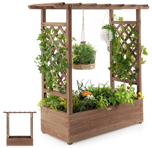 RELAX4LIFE Pflanzkasten mit Rankgitter & Dachregal, Blumenkasten mit Gartenspalier für Kletterpflanzen & Korbpflanzen, Rankkasten Holz, Blumenbeet für Balkon Terrasse (110 x 44 x 113,5 cm, Braun)