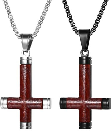 JewelryWe Umgekehrt Kreuz Holz Halskette: 2er Set Edelstahl Petruskreuz Umgedreht Kreuz Holzkreuz Anhänger Kette Gothic Satanische Kreuzkette Satan Kirche Amulett Schmuck für Herren Jungen