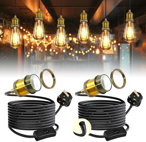 Retro Brass Hanging Lamp with Plug in Cord 5.1M, 2PCS Black Thicken Round Cable Pendant Lighting, Industrial Vintage Plug in Pendant Light Fitting,Gold Copper E27 Bulb Holder with Switch,for Hallway