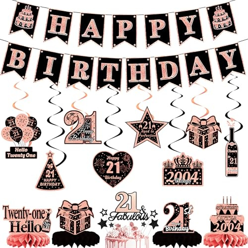 21st Birthday Decorations Women Banner - 21 Pcs Rose Gold Happy Birthday Banner, Hanging Swirls, Cupcakes, Honeycombs Table Decoration for Women Girls 21 Years Old Personalised Decor Supplies