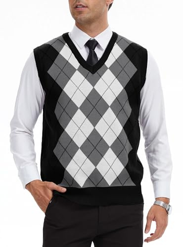 Zaitun Men's Argyle Sleeveless Jumper V-Neck Knitted Sweater Vest | Lightweight Casual Golf Tank Top,Slim Fit Business Waistcoat,Soft Breathable for All-Day Comfort