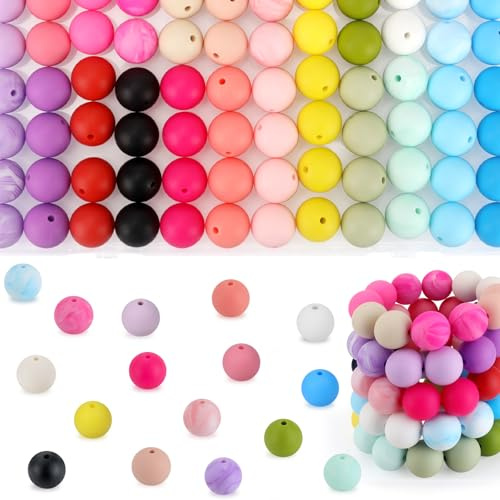 SALUOKE 100 Stück 15 mm Silikonperlen zur Schlüsselanhängerherstellung | 25 Farben Große Runde Silikonperlen, Runde Perlen für Armbänder, Stifte, Handwerk, Schmuckherstellung (Farbig)