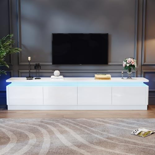 Merax Meuble TV de 180 cm avec éclairage LED, 4 tiroirs et surface brillante, meuble bas pour téléviseur de 75 , blanc, meuble TV pour salon