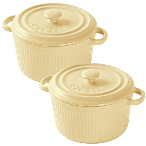 LUPATDY 2er Small Casserole Dish with Lid 400 ml, mini Ceramic Round Baking, 12oz Ceramic Ramekins with Handles for Brulee Ramekins, Vegetables, Souffle,Quiche, Dishwasher and Oven Safe, Yellow
