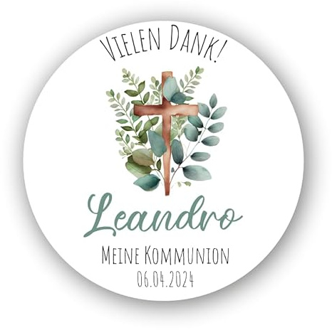 LittleVeeDesign 24 personalisierte Aufkleber Vielen Dank, rund 4 cm | mit Eukalyptus und Kreuz, Kommunion, Taufe, Konfirmation, personalisiert mit deinem Wunschnamen