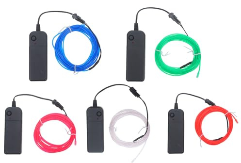 Healeved 5pcs Neon Strip Lights - 360° Glowing EL Wire with Battery Pack - 10ft Cuttable Flexible Wearable LED Strips for DIY Decorations Festivals Halloween Holiday and Party Lighting