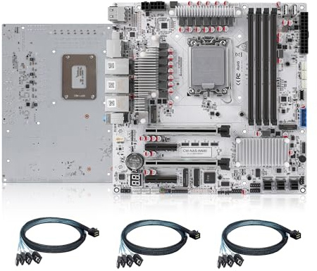 W680 NAS Motherboard with 10GbE, 12 Bay LGA1700 M-ATX NAS Mainboard, 3 ×NVMe, 4 x ECC DDR5 Slot, 2 x 2.5GbE LAN, PCIe5.0 x16, vPro, HD+DP+USB-C, 32G RAM 1T SSD (with Cables)