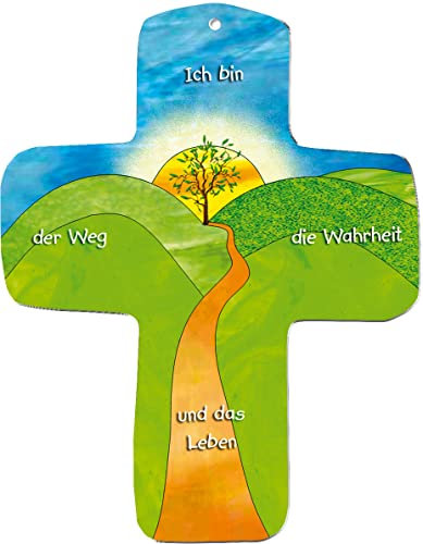Kleines Kinderkreuz zum Aufhängen aus umweltfreundlichem Holzwerkstoff, Motiv: Ich bin der Weg, Geschenk zur Kommunion, Konfirmation und Taufe, für Jungen und Mädchen
