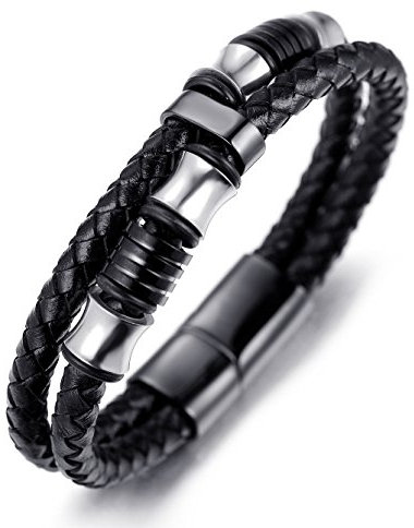 Halukakah ● Schatten ● Herren-Armband Handgefertigt | Echtleder Schwarz | Magnetverschluss Edelstahl in Schwarz | mit Titan Perlen in Silber & Schwarz | KOSTENLOS Geschenkbox | 21.5cm