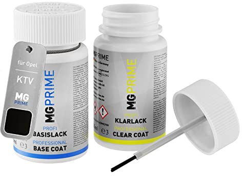 MG PRIME Autolack Lackstift für Opel KTV / G70 Diamantschwarz Pearl +1K | Karbon Schwarz Metallic, Set aus Basislack + Klarlack, Lackfläschchen mit Pinsel, je 50ml