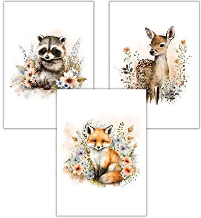 WBdesignz Kinderzimmer 3 Bilder Set Tiere Babyzimmer Deko Fuchs Reh Waschbär Poster für Kinder (ohne Rahmen)