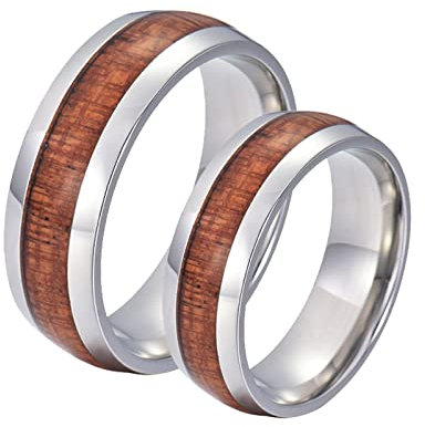 Freundschaftsringe Titan mit Gravur, Trauringe Partnerringe 8mm Silber Ring Einlegen Holz Damen 54 (17.2) + Herren 62 (19.7)