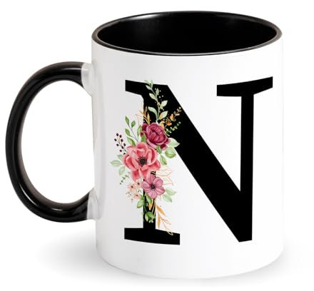 Tarklanda Tazze con Iniziale Tazza da caffè Personalizzata Tazza con Lettere e Floreale Tazza in Ceramica Nera Tazza Iniziale Regali per Donne Amici per Compleanno, San Valentino, Natale (N)
