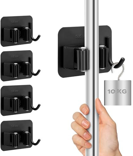 M JINGMEI Soporte para trapeador montado en la pared, 4 piezas Soporte para escoba para trapeador autoadhesivo de acero inoxidable negro con ganchos Soporte para escoba autoadhesivo para oficina, arma