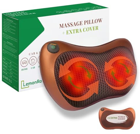 Masajeador Cervical y Espalda. Cojín Eléctrico con Calor y una Funda Extra (Marrón) - Almohada Cervicales y Cuello, Masaje Shiatsu Bidireccional con 8 Rodillos, Ideal para Casa, Oficina, Coche o Viaje