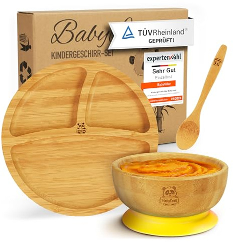 Babylovit Bambus Kinderteller | TÜV Geprüfter Baby Teller mit Saugnapf & Esslernbesteck | BLW Beikost Zubehör | Esslernlöffel Baby Melamin & BPA frei | Kinder Teller mit Saugnapf | Kinderbetseck