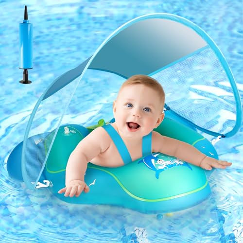 ZQEJEFD Flotador Bebe Inflable, Flotador Bebé con Parasol Extraíble, Nuevo Piscina Bebe de Protección Solar Antivuelco, Flotador Portátil Ajustable para Piscina de Bebé para Niños de 6 a 36 Meses