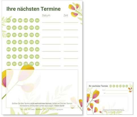 Frank Paperman® | 600 Terminzettel Praxis | 12 x Terminblock à 50 Blatt | floral | 7 Termine | Blumen Design für Terminkarten Kosmetik, Massage Studios, Wellness, Ärzte, Heilpraktiker, Physio uvm.
