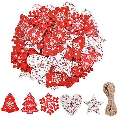 Litinliv Adornos Colgantes de Madera, 50 Piezas Colgantes de Madera de Navidad con Cuerda, Ornamento Colgante de Copo de Nieve, Navidad Árbol Rebanadas con Agujero para Fiestas, Banquete, Boda