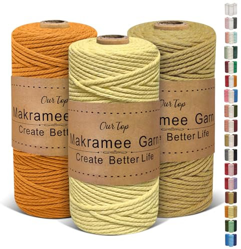 OurTop Premium Makramee Garn 3er Set, 3mm x 100m Macrame Cord Makramee Schnur Makramee Kordel, Garn für DIY Handwerk, Weben Dekoration, Hängepflanze Pflanze Aufhänger(Hellgelb, Gelb, Salbei)