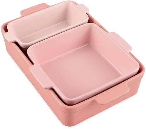 Best Choice Products Bakeware Set, Baking Dish Set, 3-Piece Nonstick, Toxin-Free, Ceramic, Casserole, Bread Loaf, Square Pan, Space-Saving Nesting Design - Pink Champagne