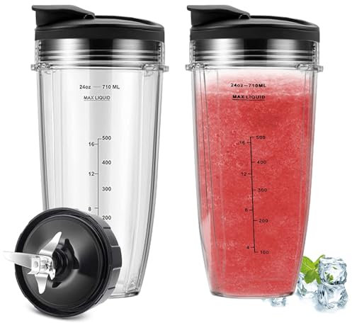 Paquete de 2 vasos de licuadora Ninja, piezas de repuesto de licuadora de 24 onzas, tazas de repuesto de 700 ml compatibles con licuadoras Nutri Auto IQ Series, 2 vasos de 700 ml, 1 hoja y 2 tapas de