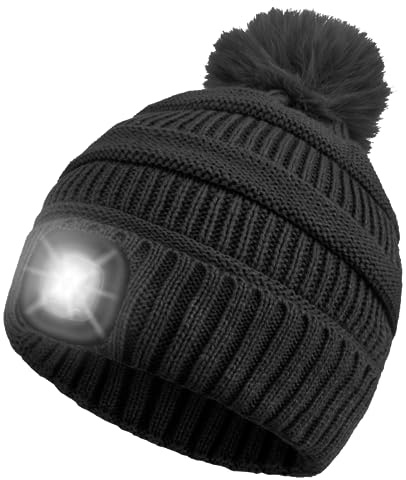 Shedoo Mütze mit Led Licht Kinder, USB Wiederaufladbare Strickmütze mit 4 LED Licht, Winter Wärmer Beleuchtete Mütze mit Taschenlampe Weihnachten Festival Geschenke für Jungen und Mädchen - Schwarz