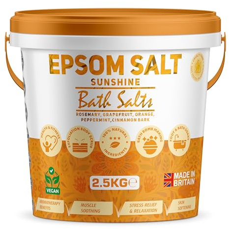 Scented Epsom Bath Salts 2.5kg Infused with Sunshine Essential Oil, 100% Natural Mineral Salts - Supports Sleep and Relieves Aching Muscles Magnesium Sulphate Foot Soak Bath Epsom Salt