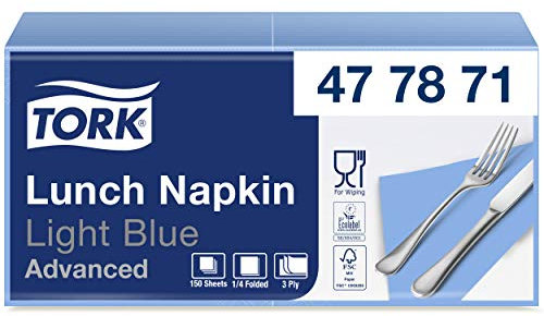 Tork 477871 Soft Lunchservietten Hellblau / 3lagige, saugfähige Papierservietten in Blau / Vielfältig verwendbar / Advanced Qualität / 10 x 150 (1500) Servietten / 32,6 x 33 cm (B x L) / 1/4 Falz