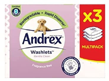 Andrex Washlets, Flushable Gentle Clean Toilet 3*40 Tissue Wipes.
