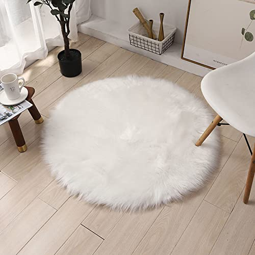SXYHKJ Faux Lammfell Schaffell Teppich Lammfellimitat Teppich Longhair Fell Optik Nachahmung Wolle Bettvorleger Sofa Matte (90cm - - Rund, Weiß)