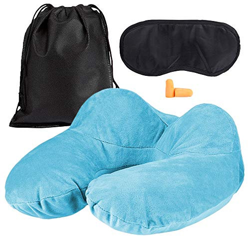 EAZY CASE ergonomisches Nackenkissen aufblasbar inklusive Schlafmaske, Ohrstöpsel und Aufbewahrungsbeutel, Reisekissen ideal für Flugzeug, Auto, Bahn, Nackenhörnchen mit waschbarem Bezug, Hellblau