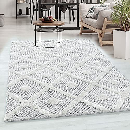 Carpetsale24 Teppich Wohnzimmer Hoch-Tief Effekt 3D Kariert Design Grau 60 x 110 cm Läufer - Hochflor Teppich Schlafzimmer Rauten-Boho Teppich Pflegeleicht Weich - Elegante Teppich für Küche Esszimmer