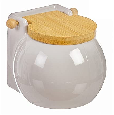 DRW Salero Original cerámica Cuadrado con Tapa madera12x12x12 cm (Blanco Redondo)