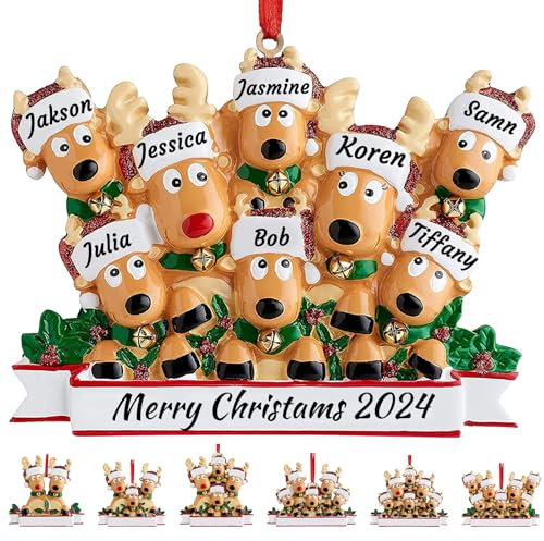 Personalizadas Navidad Ornamentos Ciervo Personalizado Familia Ornamento de 2,3,4,5,6,7,8 Nombre Lindo Reno de Personalizado Adornos Navidad Santa 2024 Decoración de Navidad 8