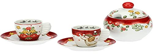 THUN - Set 2 tazzine caffè con zuccheriera Sweet Christmas - Porcellana - Linea Natale - Living, Arredare la Casa - tazzina Ø: 6,5 cm; 5,5 cm h; piattino Ø : 11,5 cm; zuccheriera:11x11x120 cm h