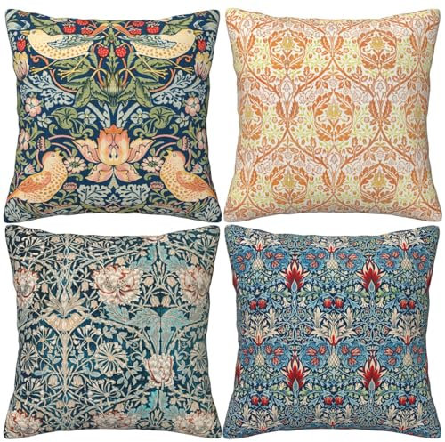 HOSTECCO William Morris – Lot de 4 Housses de Coussin carrées décoratives pour canapé et canapé – 45 x 45 cm