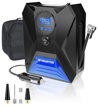 E-SMARTER Car Tyre Inflator Air Compressor, Car Tyre Inflator 12v, Protable Car Tyre Pump 120W/150 PSI/10.5 Bar with 3 Nozzle Adaptors, LED Light, Suitable for Car, Bicycle, Motorcycle, Ball
