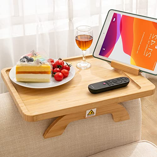 SITREMEN Tablett für Sofa-Armlehne, aus Bambus, mit drehbarem Handyhalter, stabiles Tablett für die Armlehne, klemmbar, für breite Sofas, zusammenklappbar, für Laptop, Fernbedienung, Tasse