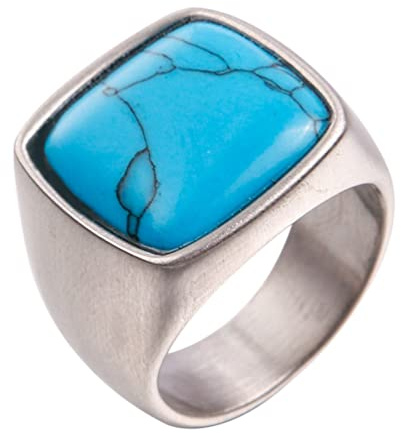 OAKKY Herren Persönlichkeit Vintage Kuppel Stil Quadrat Synthetik Türkis Edelstein Biker Ring Edelstahl Erklärung Ehering Silber Größe 50 (15.9)