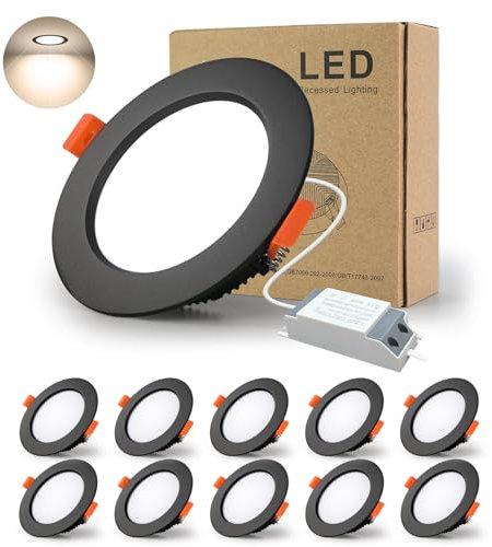 BAGZY Einbaustrahler Schwarz LED Spots ultra flach 9W 230V IP44, 900 Lumen 10er Set Natürliches Weiß 4000K Ausschnitt 90-100mm,CRI 80,Einbauleuchten Decken Spot,für Schlafzimmer Badezimmer Wohnzimmer