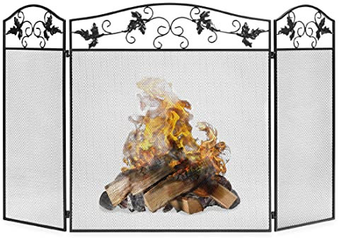AH® 3-Panel Handcrafted Wrought Iron Fireplace Screen with Decorative Leaf Scroll Design Wavy Top Freestanding Spark Protection Open Fireplace Stove Wood Burner Spark Guard 128cm Wide x 74cm High 7kg